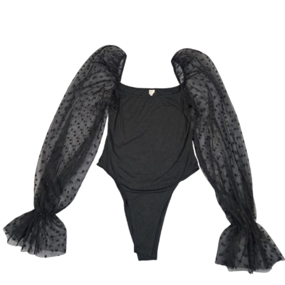 Black Sheer Polka Dot Bodysuit Bell Sleeve Womens XS